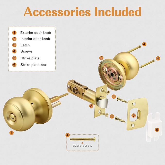 Probrico Gold Door Knobs for Bedroom Bathroom, Interior Door Knob with Round Ball, Brushed Brass Privacy Door Knob, 1 Pack