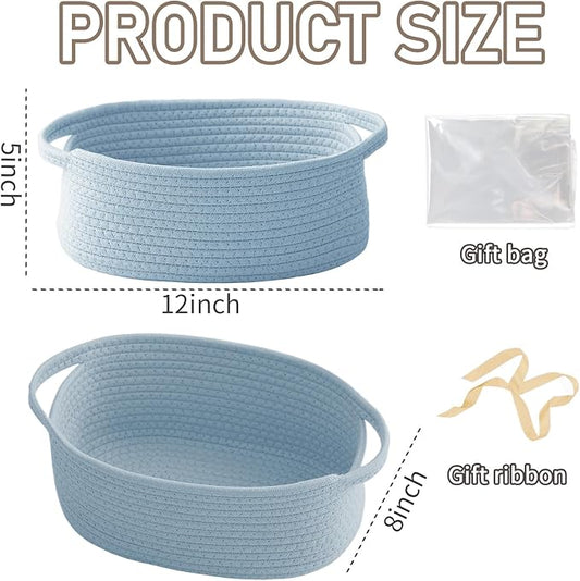 Woven Basket,Small Rope Storage Bin with Handles & Ribbon Bag, Organizer for Shelves Closets,Gift Basket Empty for Birthday,Books,Dog Toys, Blue