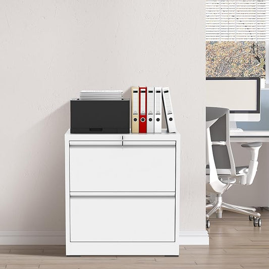 2 Drawer File Cabinet with Lock, White Metal Lateral Filing Cabinets for Home Office, Heavy Duty Steel Horizontal Locking Storage Cabinet for Legal/Letter/A4 Size File, Assembly Required