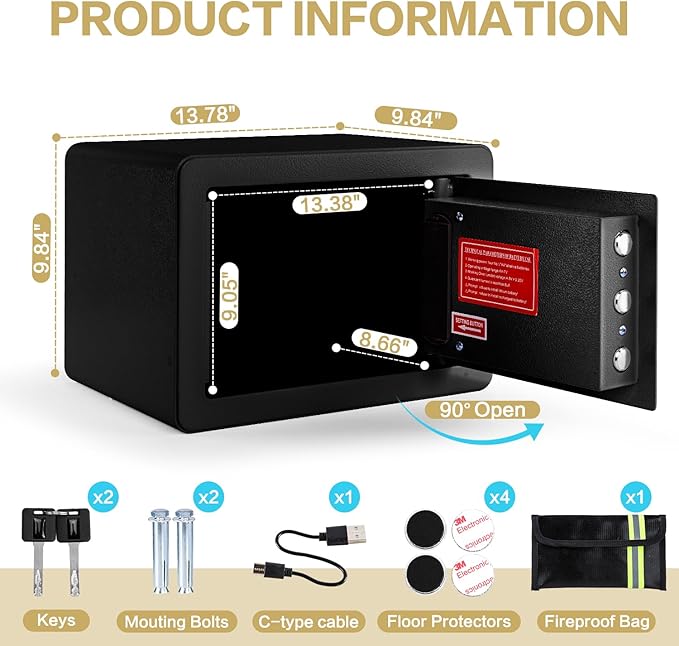 0.6 Cubic Feet Biometric Safe, Fingerprint Safe W/Fireproof Bag, Removable Shelf, Alarm System, Digital Electronic Money Box for Cash, Document, Home, Hotel Use, Black, 9.84"D x 13.78"W x 9.84"H