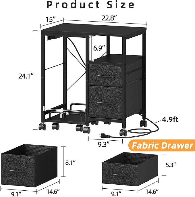 YAOHUOO Printer Stand with Power Outlet/Fabric Drawers, Printer Cabinet with Storage Shelf and Rolling Shredder Stand, Printer Table for Home Office, 22.8"×15" Black