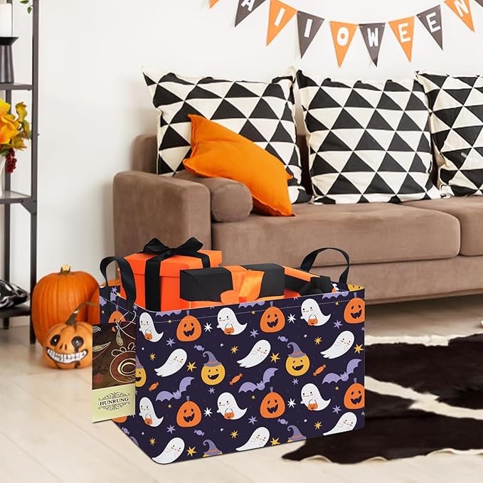 HUNRUNG Rectangle Storage Basket Cute Canvas Organizer Bin for Pet/Children Toys, Books, Clothes Perfect for Rooms/Playroom(REC-Pumpkin Kid)