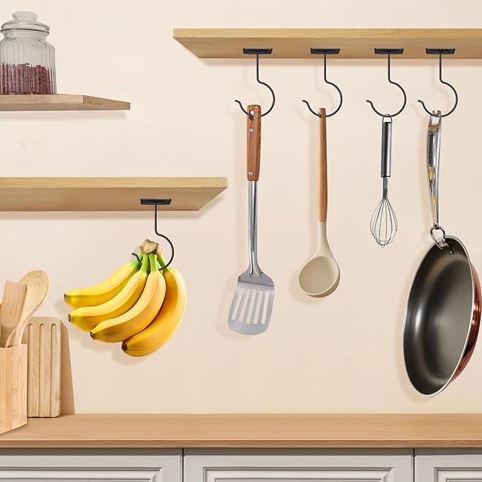 2 Packs Under Cabinet Banana Hooks, Foldable Magnetic Banana Holder with Strong Self-Adhesive & Screws for Extra Stability, Metal Banana Stand for Kitchen Counter – Black