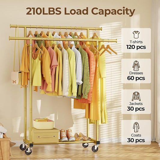Double Rods Clothes Rack, Sturdy Rolling Clothing Rack, Portable Clothing Racks for Hanging Clothes - Metal Garment Rack Wardrobe Coat Rack for Bedroom Laundry Living Room, Gold