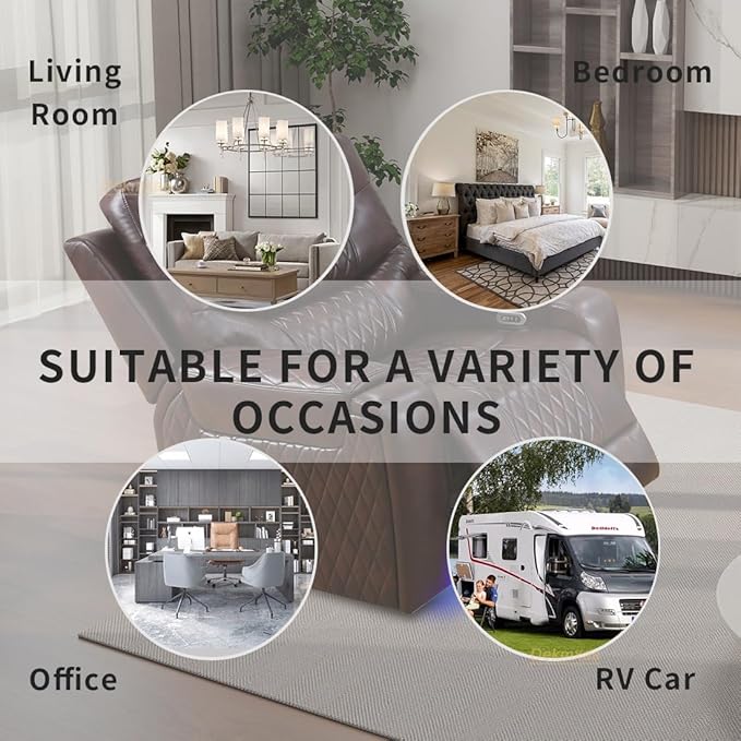 Living Room Sofa Set, Brown Breathing Leather Power Recliner Sofa Couches, Living Room Furniture Sets Power Recliner Chair with Cup Holder/LED Light/USB Port for Apartment, Office, Rv Car