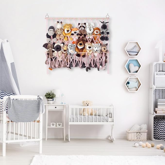 Stuffed Animal Net or Hammock Large Corner Storage for Plushies Stuffed Animals Zoo Wall Hanging Organizer Holder for Net Hammock, Space-Saving Nursery Decor (Pink)