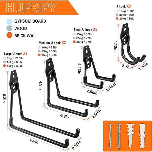 12 Pack Garage Hooks Heavy Duty Utility Steel with Anti-Slip Coating Wall Mount Storage Organizer for Hanging Power and Garden Tools, Ladders, Hose, Bikes, Ropes, Bulk Items, and More