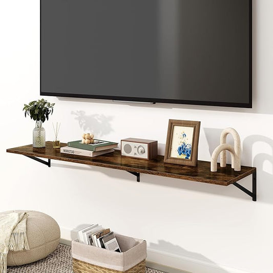 Fun Memories Floating Shelves for Wall, 12 Inch Deep Floating Shelves Set of 2, 55W x 12D Large Wall Shelf with Sturdy Metal Brackets for Living Room, Bathroom, Bedroom and Kitchen, Rustic Brown