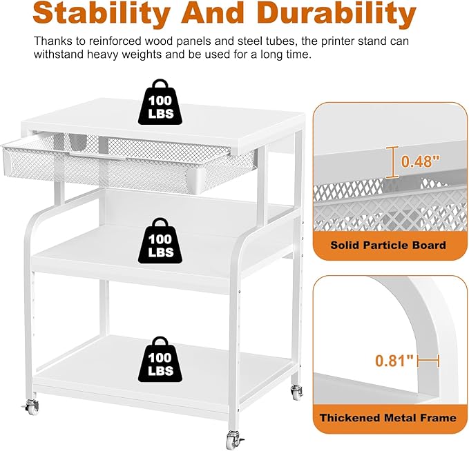 EasyCom 23.6''x18.9'' Extra Large Printer Stand with Drawer, 5-Adjustable Heights 3 Tier Table with Wheels, Rolling Printer Cart with Storage for Printer Scanner Fax Home Office Use