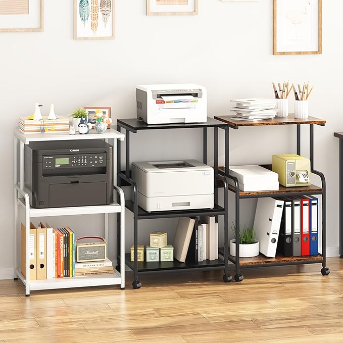 Printer Stand with Storage Shelf,3 Tier Printer Cart with Wheels,Mobile Printer Table for Home Office,Stands for Printer Heat Press Scanner Fax,Industrial Style (White)
