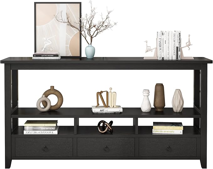 VINGLI 58" Console Table, Long Entryway Table with 3 Drawers & 2 Storage Shelves, Vintage Sofa Table Behind Couch, TV Stands for Living Room, Entryway, Hallway, Foyer, Office, Black