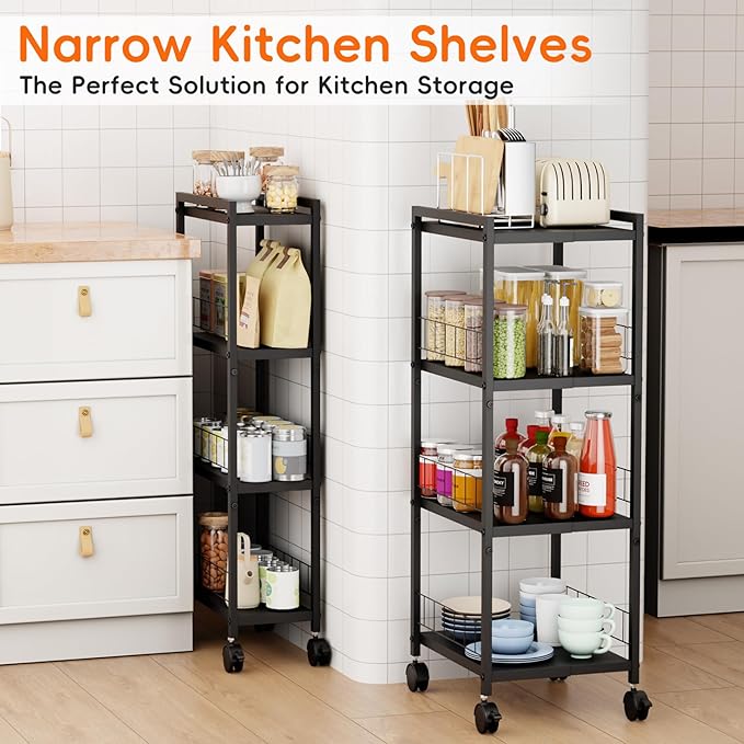 Expandable Slim Storage Cart with Wheels, 4 Tier Narrow Metal Rolling Utility Cart Organizer Adjustable Open Floor Shelf Unit for Small Spaces Bathroom Laundry Room Kitchen