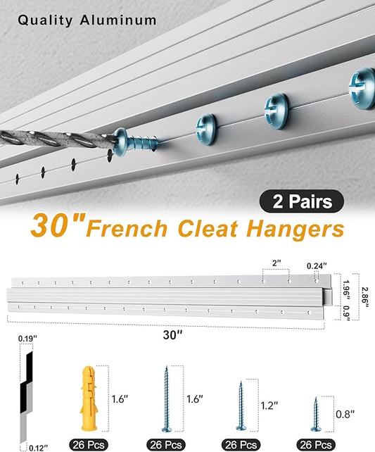 French Cleat 30 inch, 2 Pairs Heavy Duty Aluminum Z Clips/Bar Hanger Interlocking Wall Mounting Bracket Hardware Kit for Hanging Mirrors, Picture, Shelf, Headboard, Cabinet, Whiteboard, Art, Frames