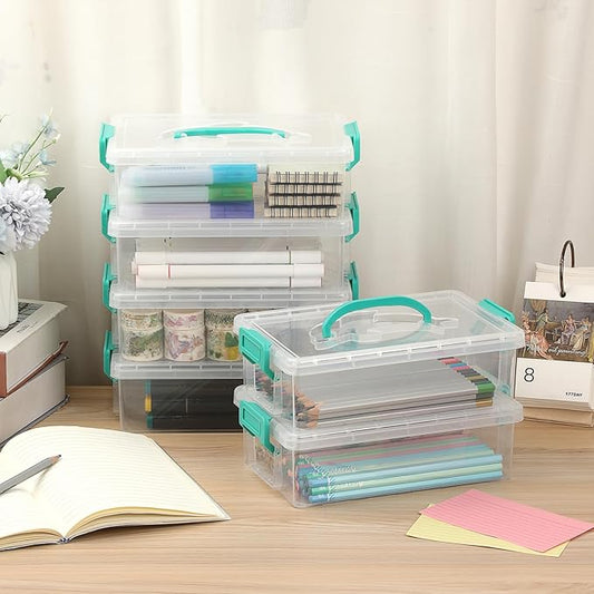 BTSKY 6-Pack Large Stackable Pencil Boxes with Handles, Transparent Pencil Case with Latching Lids & Clasp, Plastic Pencil Box Stationery Organizer Box Ideal for Craft Pen Art Office Supply, Green