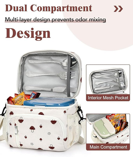 Insulated Lunch Bag for Men & Women, 9L Leakproof Lunch Box Soft Cooler Tote with 5 Pockets, 600D Oxford, EVA Lining, Adjustable Strap for Work, Picnic, Beach&Travel-Corduroy Mushroom