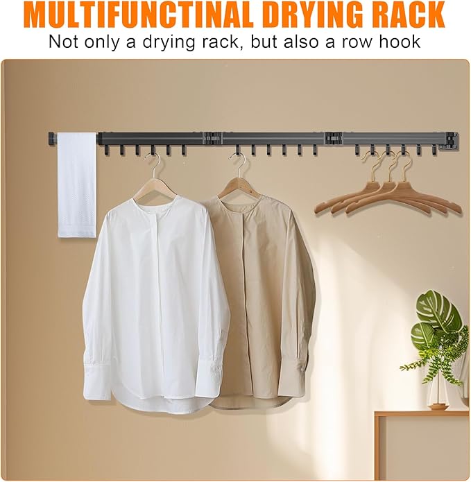Black Laundry Space Saver Wall Mounted (Tri-Fold) | Only Punch Installation Tools Provided | Retractable, Collapsible | Clothes Drying Rack