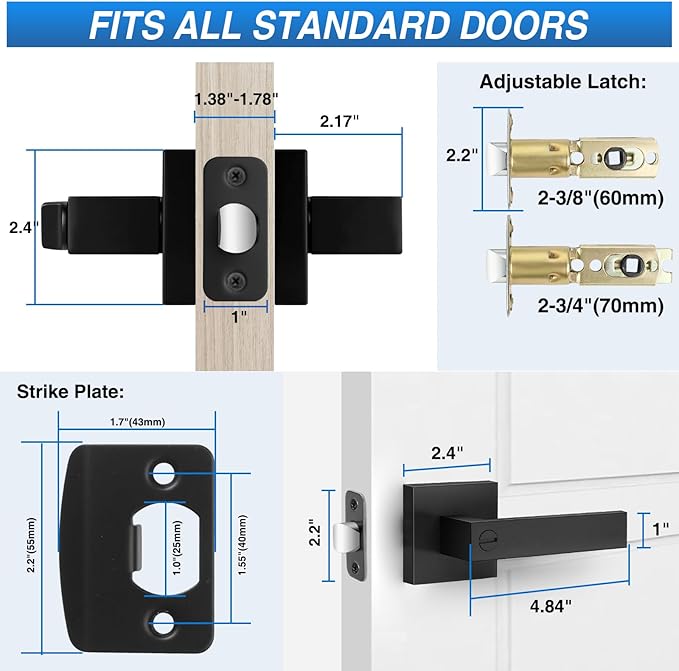8 Pack Matte Black Door Handles, Keyless Interior Door Knobs, Privacy Door Lever Locksets for Bedroom Bathroom, Heavy Duty Square Door Lock (2.0lb), Reversible for Left&Right Handled Doors