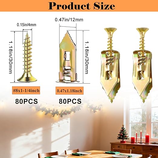 160Pcs Self Drilling Drywall Anchors with Screws Kit,80 Sheetrock Anchors & 80 Zinc Expansion Screws,No Drill Needed Wall Anchors with Screws,Hold Up to 66lbs for Picture Frame,Shelves