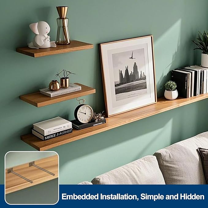 6 Pcs 8" Black Steel Floating Shelf Bracket Blind Shelf Supports - Hidden Brackets for Floating Wood Shelves - Concealed Blind Shelf Support – Screws and Wall Plugs Included
