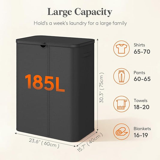 Lifewit 185L Large 3 Section Laundry Hamper with Lid, Plastic Laundry Basket with Bamboo Handles and Removable Bags, Tall Foldable Clothes Hamper for Bathroom Bedroom, Black
