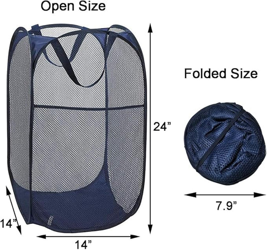 2 Packs Mesh Pop up Laundry Hamper (Black/Navy Blue) with Portable Durable Handles, Collapsible for Storage, Folding Pop-Up Clothes Hampers for Apartment, Home, College Dorm or Travel