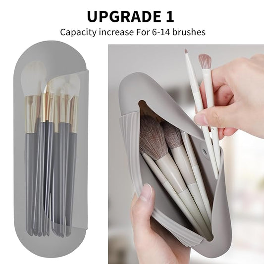 Silicone Makeup Brush Holder Travel Cosmetic Bag:Soft Portable Cosmetic Face Brushes Holder with Upgrade Anti-Fall Out Magnetic Closure, Large Travel Makeup Brush Case - Stone