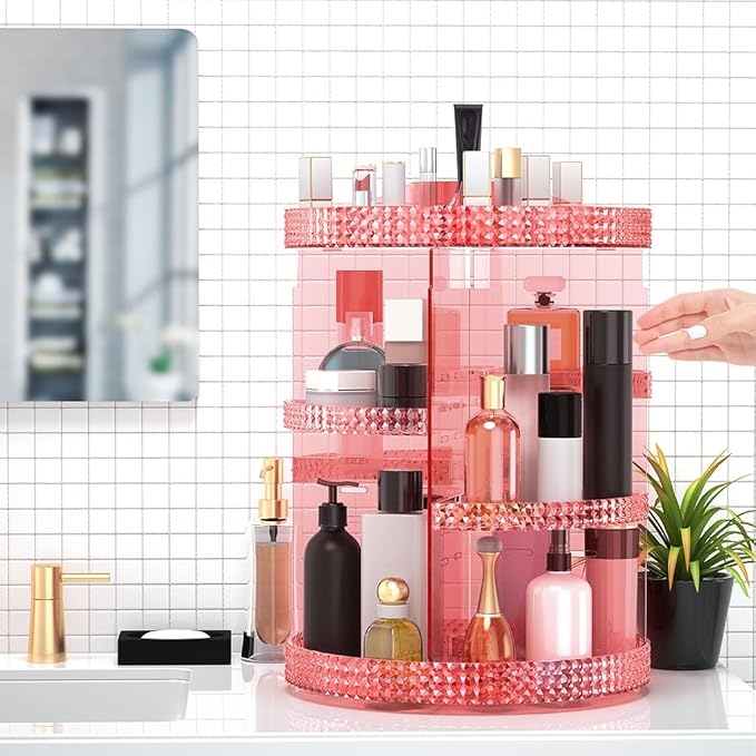 360 Degree Rotating Makeup Organizer, Extra Large Capacity Perfume Holder, Removable 7 Layers Cosmetics Organizer, Make Up Organizer For Countertop Storage Skincare or More (Pink)