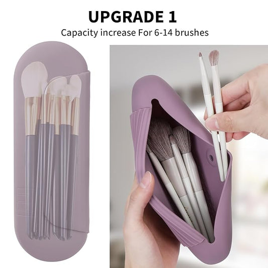 2 IN 1 Silicone Makeup Brush Holder with Beauty Make Up Sponge Holder Case:Soft Portable Cosmetic Face Brushes Holder with Upgrade Anti-Fall Out Magnetic Closure - Light Purple