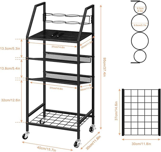 OYEAL 4 Tier Metal Bathroom Cart on Wheels Black Freestanding Bathroom Shelf Organizer with storage shelves Hair Dryer Holder Movable Towel Storage Cart for Liviing Room, Laundry Room, Kitchen