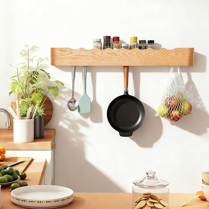 Wall Coat Rack Floating Shelves Modern Coat Rack Wall Mount with Storage Entryway Shelf Wooden Hanger 20 Inch 4 Hidden Metal Hooks for Living Room Bedroom (Wavy Oak, 8 Hooks)