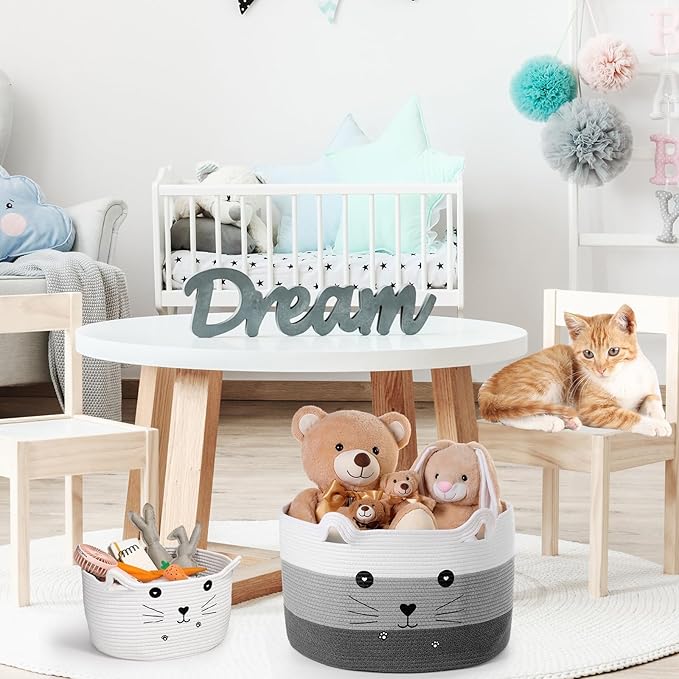 Zopeal Cat Basket Storage Woven Organizer with Ears Easter Decorative Gift Pet Toy Cute Cotton Rope Basket for Gift Cat Dog Toy Bin Nursery Room(21.7 x 13.8 Inch,White, Light Gray and Gray)