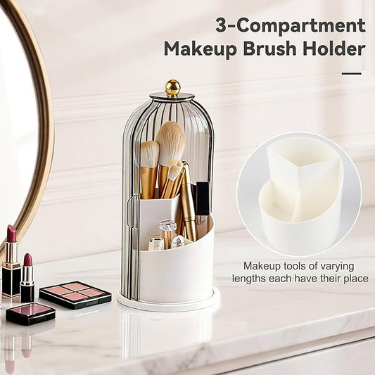 360° Rotating Makeup Brush Holder with Lid, Waterproof Three-Compartment Makeup Organizer, 180° Side-Pull Door Desk Organizer, Dustproof Brush Holder for Vanity and Bathroom (Grey)
