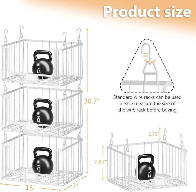 3-Pack Laundry Basket, Wire shelves for Laundry Room Space Saving-Metal Laundry Basket Holde,15"D x 11"W, White