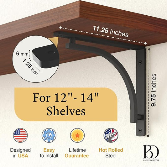Classic Black Heavy Duty Shelf Brackets 12 inch by Balin Designs – L Bracket, Wall Mounted Support, Shelving Metal Bracket, Decorative Shelf Brackets, with Hardware Included, Set of 2