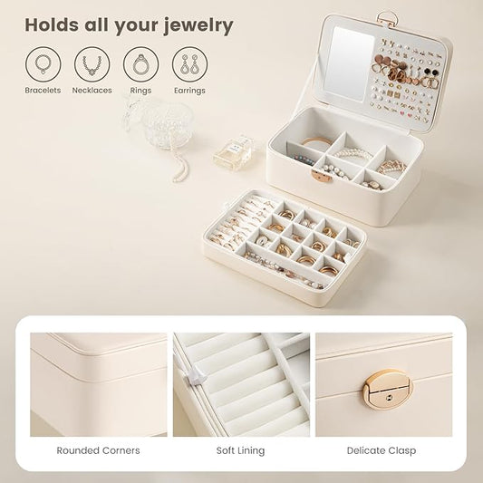 Lolalet 2 Layer Jewelry Box with Lock and Key for Teen Girls & Young Women, Jewelry Organizer Case with Round Clasp and Mirror for Earrings Rings Necklaces Storage, Gift Idea -Cloud White