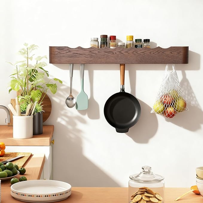 Wall Coat Rack Floating Shelves Modern Coat Rack Wall Mount with Storage Entryway Shelf Wooden Hanger 20 Inch 4 Hidden Metal Hooks for Living Room Bedroom (Wavy Walnut Color, 8 Hooks)