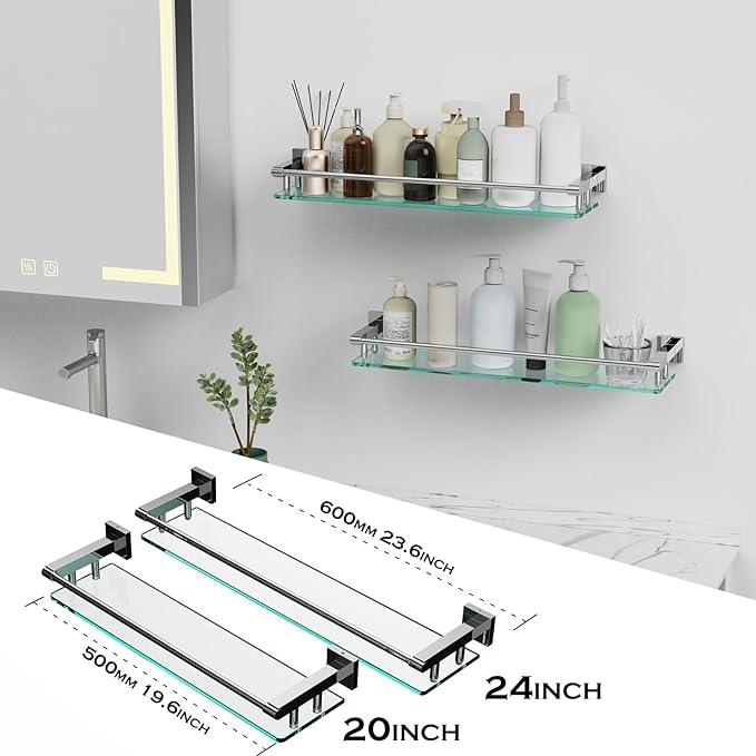 Glass Shelf for Bathroom Wall Sheves 24 inches Rectangular Stainless Steel Tempered Glass Modern Wall Mount Accessories Organizers Storage (Chrome Polished, 24‘’)