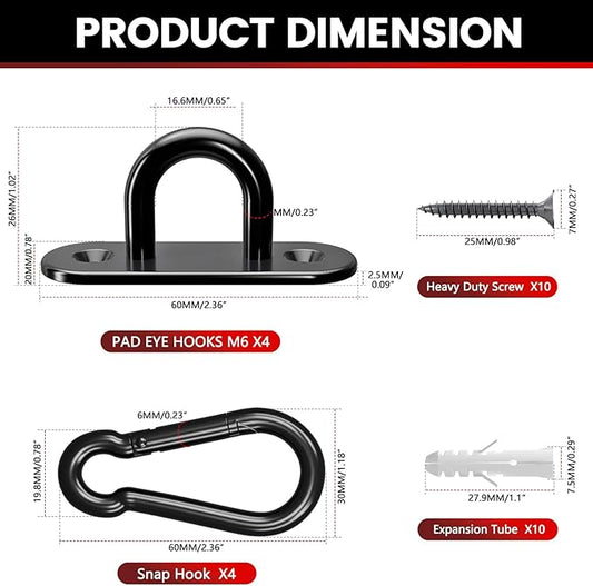 sprookber 304 Stainless Steel Pad Eye Snap Hooks, M6 Heavy Duty Ceiling Hooks, 800 lb Capacity Hammock Swing Hanging kit, Plant Hangers, Marine Hardware Staple Hook Loop with Screws, Set of 8(Black)