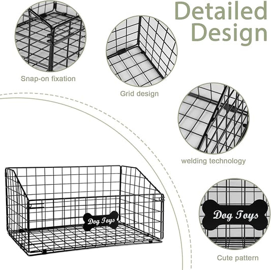 Geyecete Toy box for dogs large Dog Toy organizer Pet wire folding basket DOG TOY container dog toy box-Chew-Proof Dog Food Toy Storage-Black