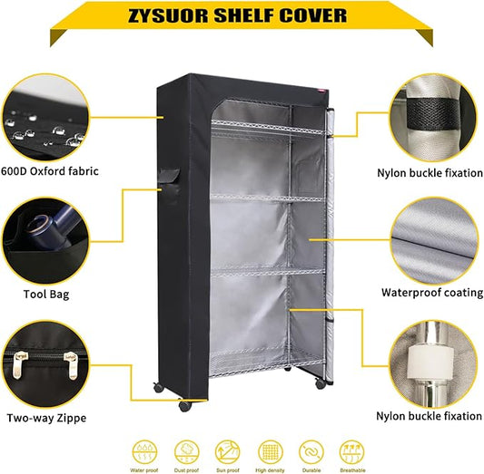 Wire Rack Shelf Cover,Heavy Duty Shelving Cover,Dustproof Waterproof with Two-Way Zippe,32.5" Wx16.5 Dx63 H (No Shelves,Black)