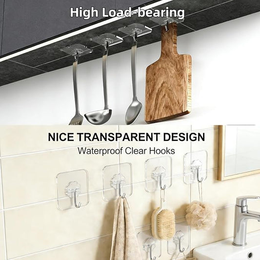 DDMY Hooks for Hanging, 50 Pack Wall Hooks 50lb(Max) Transparent Reusable Waterproof Adhesive Hook for Kitchen Curtain, Towel Hook for Bathrooms, Heavy Duty Self Coat Hook for Walls No Damage