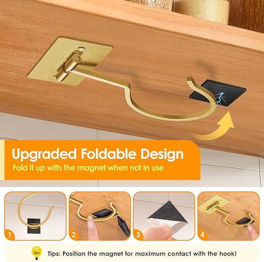 2PCS Self Adhesive Banana Hook Under Cabinet Foldable Banana Hanger Metal Under Counter Banana Hook to Keep Bananas Fresh Banana Holder for Kitchen RV Space Saving, Golden
