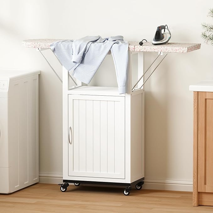 Rolling Ironing Board with Storage Cabinet, Folding Ironing Board with Wheels, Craft Table with Storage, Wooden Fold Down Ironing Station with Heat-Resistant Sponge(White with Wheels)
