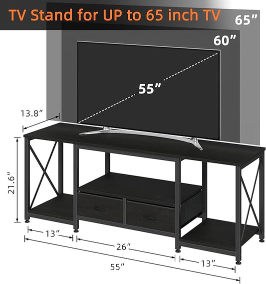 GYIIYUO TV Stand with Fabric Drawers - Entertainment Center and Industrial TV Console Table with Open Storage Shelves for Living Room, Bedroom - 55.1" Black