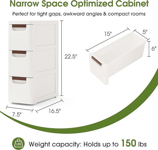 3 Drawers Narrow Storage Cabinet, Slim Bathroom Storage Cabinet, Plastic Rolling Cart Organizer for Small Spaces, Laundry, Office, Home, White