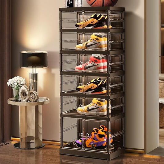 6-Tier Collapsible Shoe Storage Rack - Large Plastic Shoe Organizer with Doors, Quick Assembly, Black