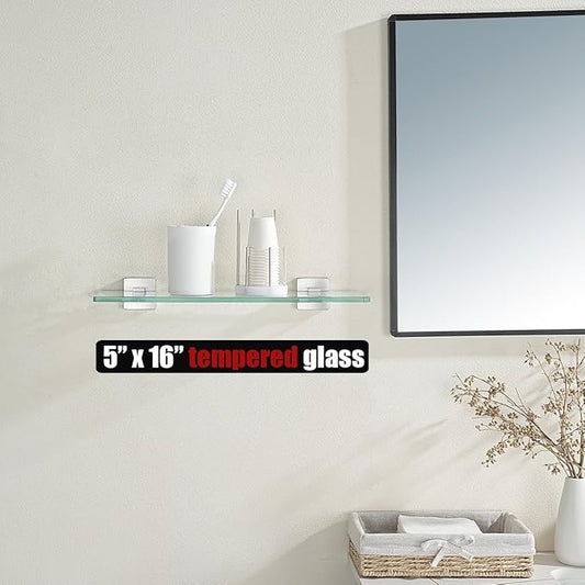 JQK Bathroom Glass Shelf, Floating Tempered Glass Shower Storage 16 by 5 inches, 304 Stainless Steel Brushed Finish Wall Mount, TGS201L16-BN