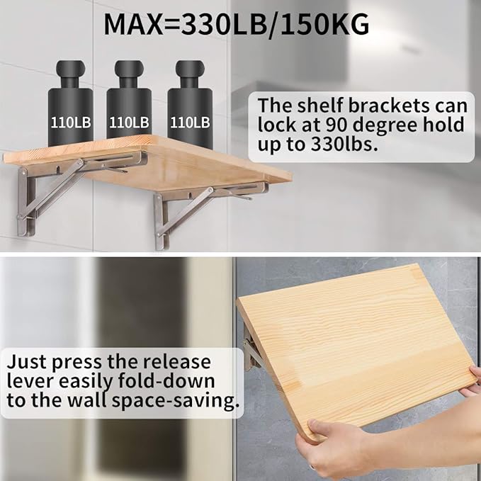 YUMORE Folding Shelf Bracket 14",Heavy Duty Stainless Steel Collapsible Shelf-Bracket Max Load 330lbs Wall Mounted Table Support Hinge for Space-Saving DIY Work Bench with Install Screws, Pack of 2