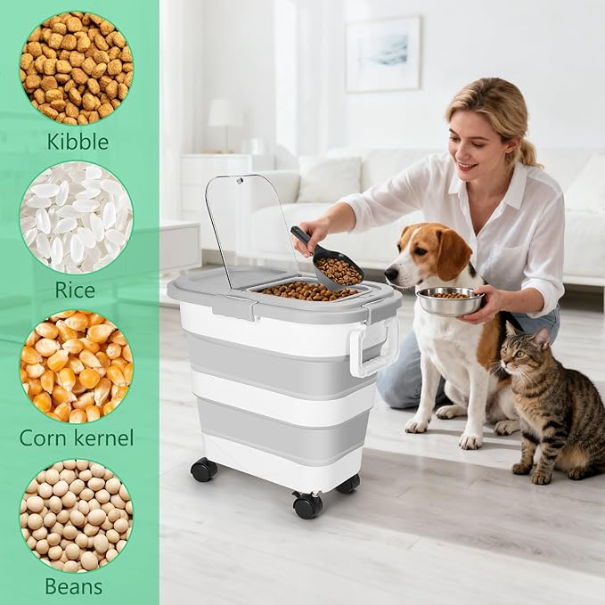 ShineMe Dog Food Storage Container, 30 Lbs Collapsible Food Storage Containers with Rolling Wheel Airtight Locking Lid, Cat Foods Bin with Cup and Scoop, Suitable for Pet Snack, Rice, Flour (Grey)