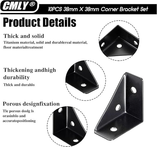 CMLY Corner Brackets, 10Pcs 38mm x 38mm, Black Steel, Triangle Shelf Brackets, Corner Desk Connectors for Wood, Metal, Table, Cabinet